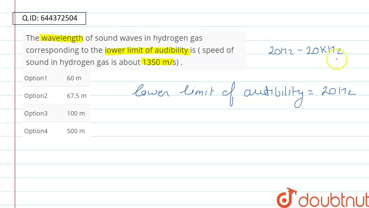 Thewavelengthof sound wavesin hydrogengas correspondingto the lower limitof audibility is ( spee...