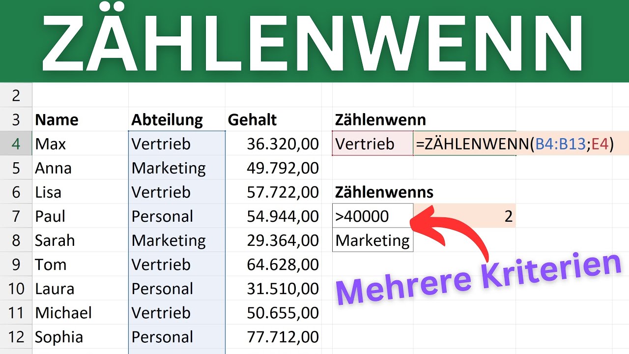 Excel Zählenwenn Funktion | =ZÄHLENWENN / ZÄHLENWENNS()  ✅ Tutorial