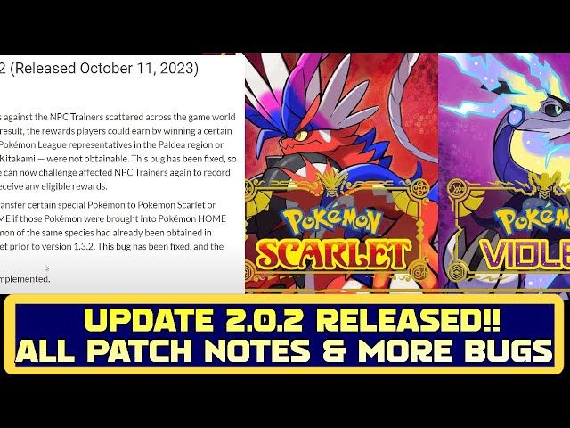Pokemon Scarlet and Violet update version 2.0.2 patch notes