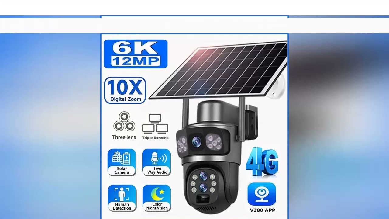 Three Lens 10X Zoom 4G Sim Solar Camera Outdoor 6K 12MP Security Surveillance Camera 360 Human