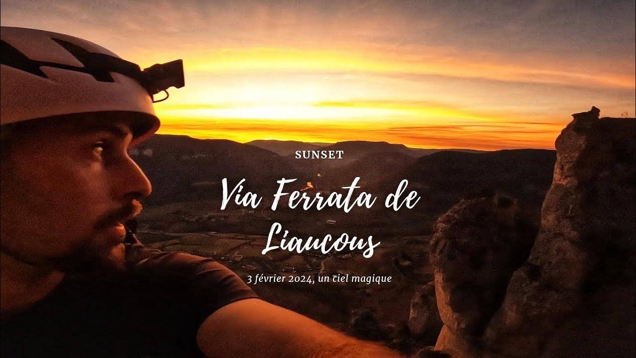 Magnifique coucher de soleil sur la via ferrata de Liaucous le 3 février 2024, parcours ED
