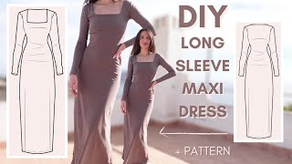 DIY long sleeve maxi dress  step by step sewing tutorial with pattern