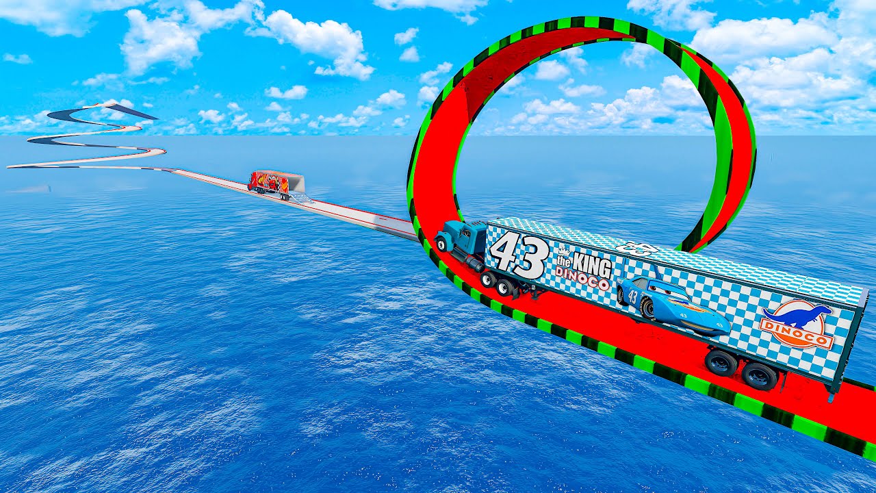 Mack Truck Vs King Dinoco Truck Vs Impossible Loop Spiral Bridge Deep Water Crossover - BeamNG.Drive