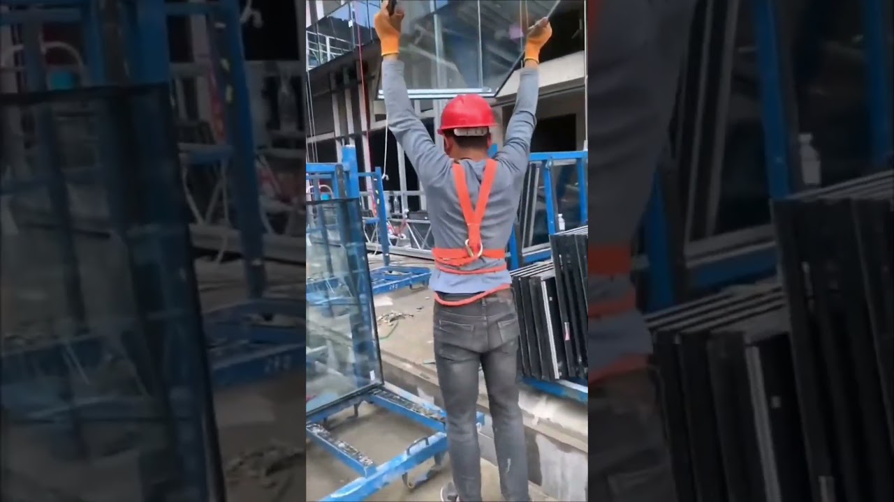 Installation of Glass Curtain Wall at the Construction Site Curtain Wall Construction