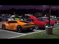 Exotic and muscle cars leaving car show  acceleration and burnouts