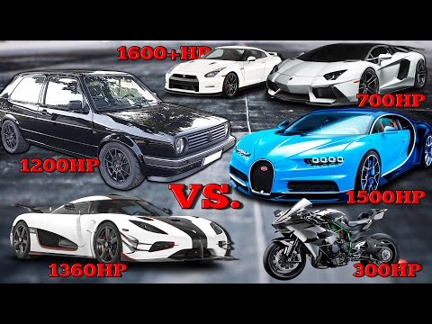 VW Golf 1200HP vs Bugatti Chiron, Koenigsegg One, Kawasaki H2R Tacho Comparison 2017