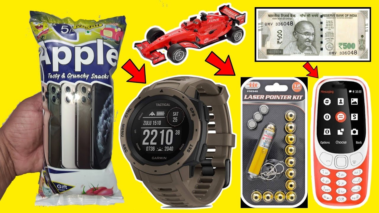 Apple snacks me mujhe mila Sports watch, Laser light and super racing car inside / free toys inside