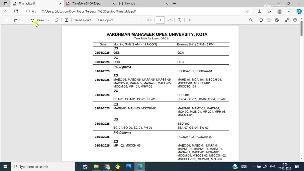 Vmou Kota परीक्षा दिसंबर 2025 कब होगी exam dec 2025 