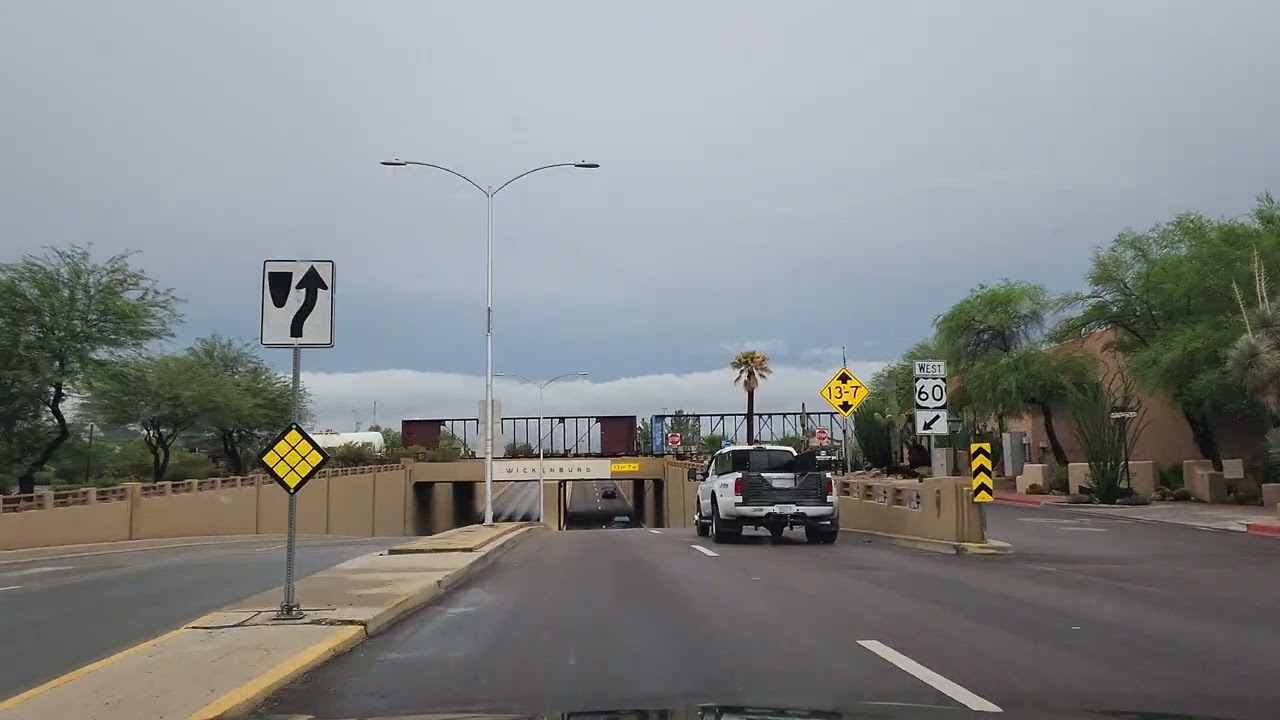 Short drive through downtown Wickenburg, Arizona with a shelf cloud in the background in 4K
