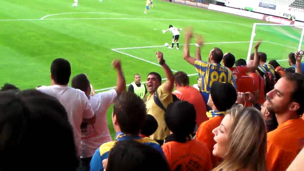 APOEL supporters singing Kokokokokooo at Yablonec stadium