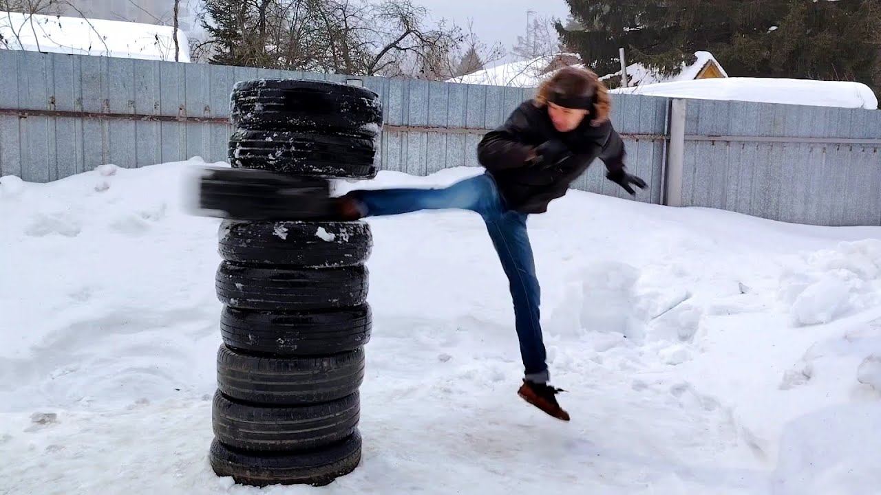 Йоко-гери. Удары передней ногой на скользком снегу. 