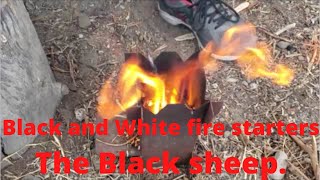 Black and White fire starters | lighting a rocket stove W. The black sheep tinder wick and ferro rod