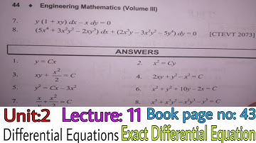 Exact Diffrential Equation |Unit: 2| Lecture:11| Exercise 2 III | Engineering Math III |Prashant YT|