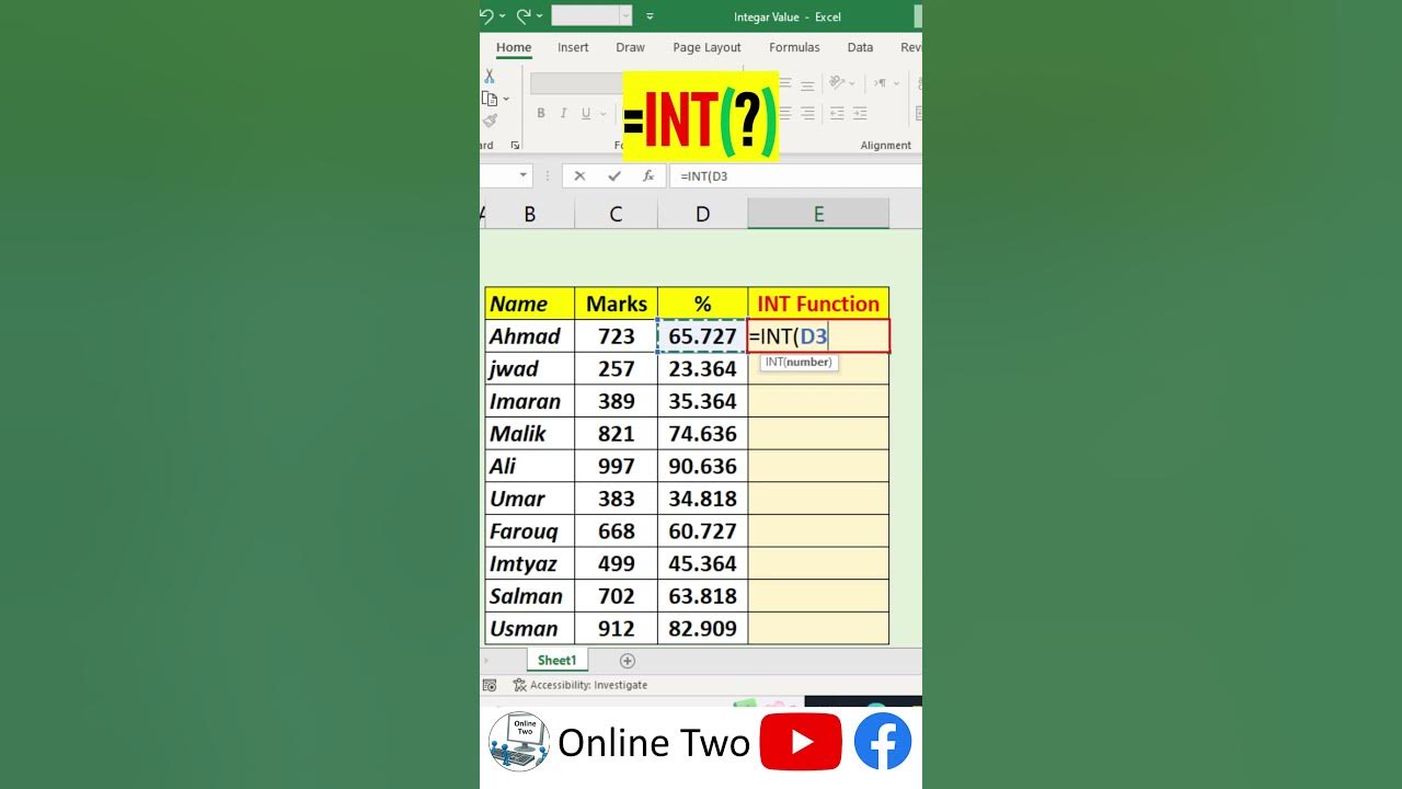 Int function excel formulas excel short youtube