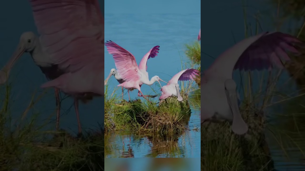 Roseate spoonbill squabble at the pond!