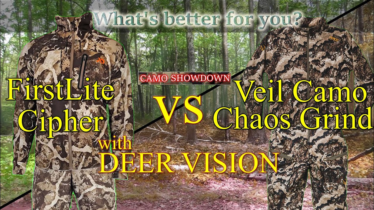 FirstLite Cipher Vs Veil Chaos Grind. Compare hunting camo w simulated deer vision.