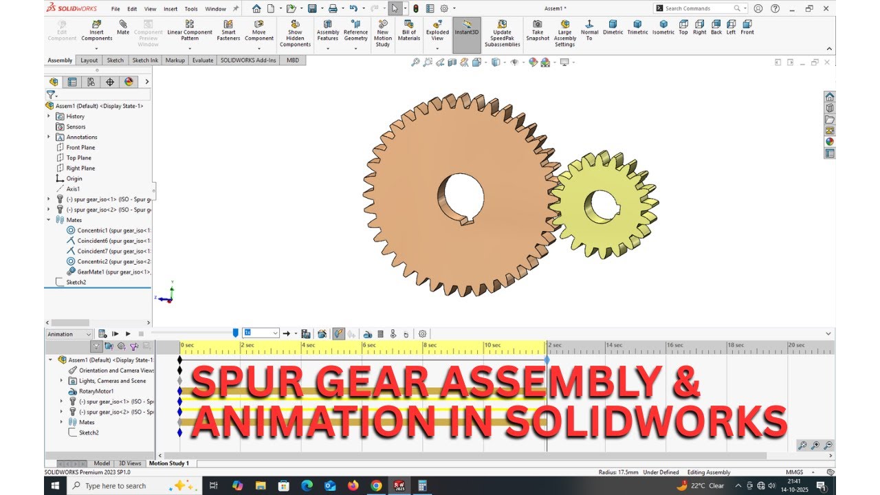 SPUR GEAR ASSEMBLY & ANIMATION IN SOLIDWORKS. - YouTube