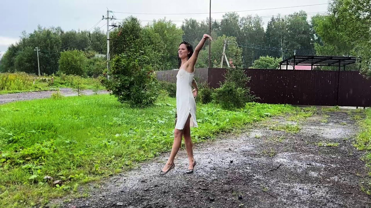 Alena dancing under the rain, wetlook, girl in dress under the rain, wet girl under rain (# 1471)