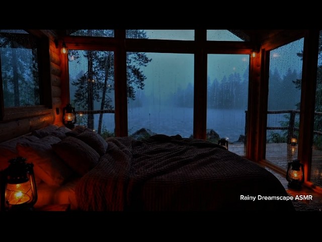 No ADS - 🌧️Rain Sounds for Sleep 🌧️ Cozy Cabin by the Lake at Night | Relaxing Thunderstorm Ambience