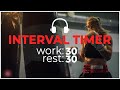 Interval timer 30 sec workout 0 sec rest with music 3030 interval timer