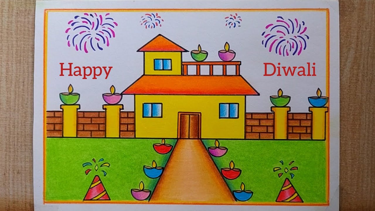 Diwali drawing| Happy Diwali drawing| Diwali Scenery drawing| Diwali Festival drawing| Diwali Diya 