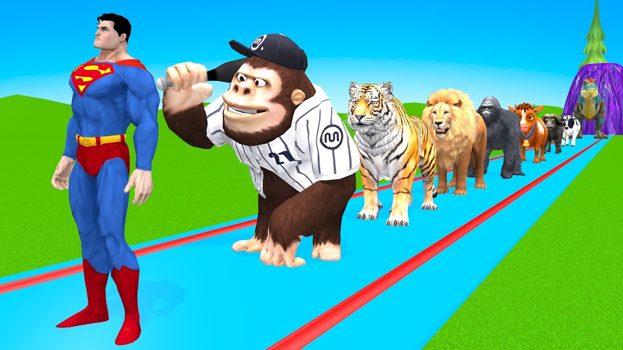 Crazy Long Slide Game With Cow Elephant Gorilla Hippopotamus Tiger 3d Animal Game Funny 3d Animals