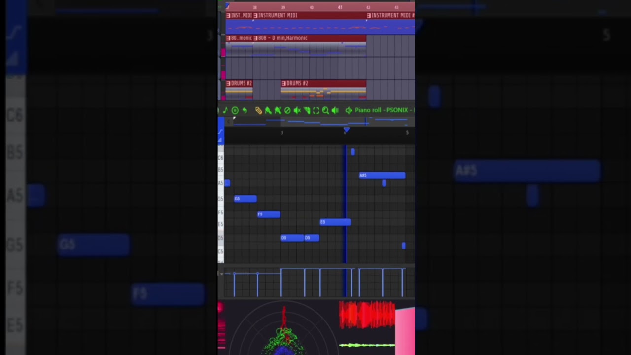 Raw FLP screen record. Tight visual layout: Playlist | Piano Roll | Stereo Visualizer w minimeters.
