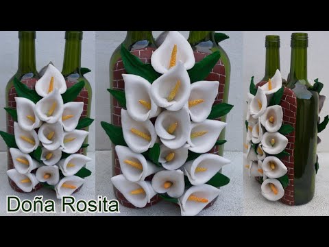 Botellas decoradas con flor de cartuchos calas en porcelana fria sin moldes Manualidades Doña Rosita