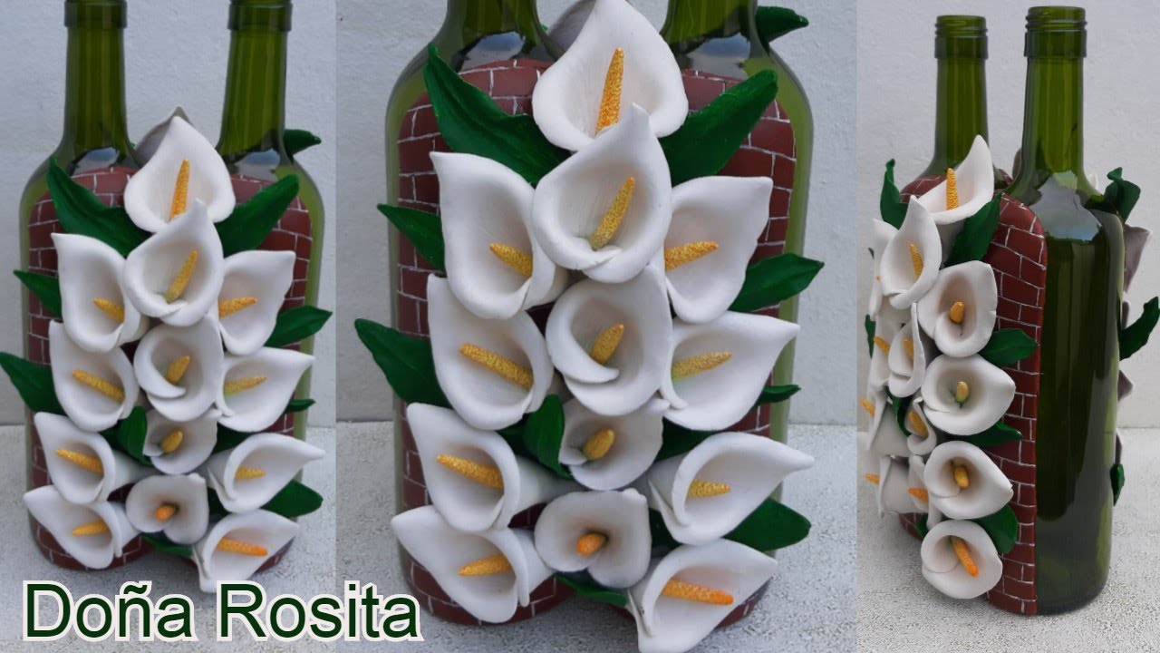 Botellas decoradas con flor de cartuchos calas en porcelana fria sin moldes Manualidades Doña Rosita