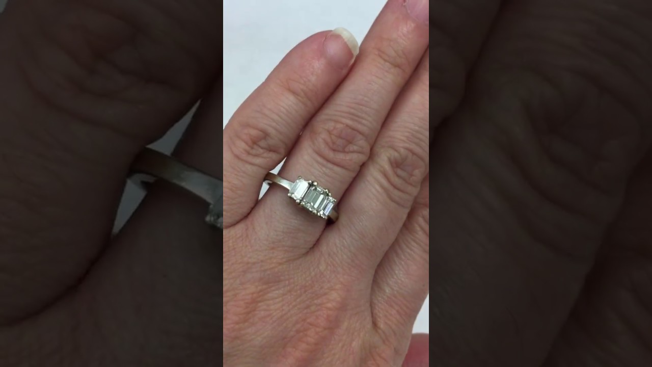 14K White Gold 3 Stone 1.00 CT Emerald Cut Natural Diamond Engagement