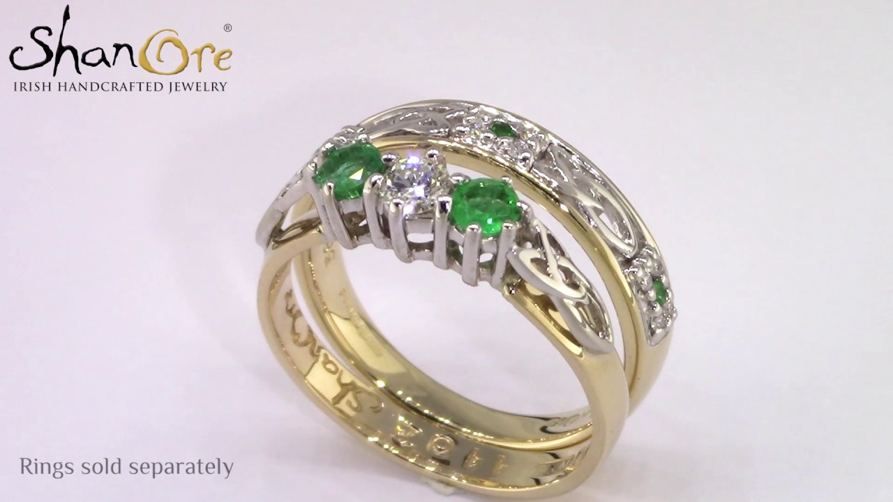 Emerald and diamond celtic trinity 14k yellow and white gold 3 stone