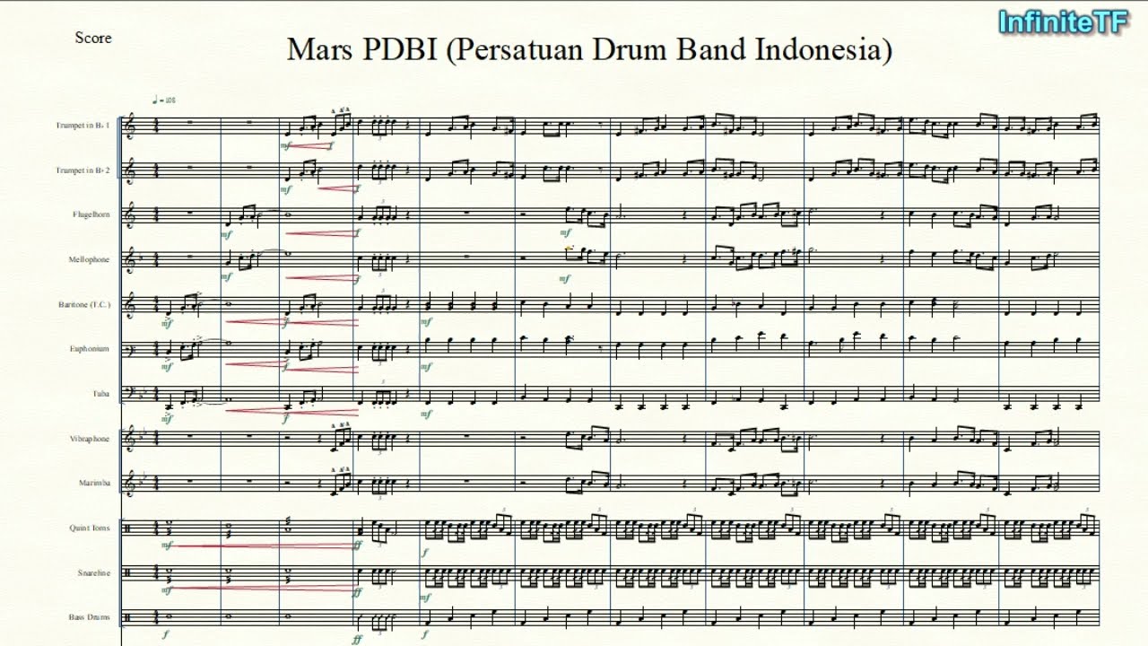 MARS PDBI (Persatuan Drum Band Indonesia) Partitur /w Lirik(Subtitle)