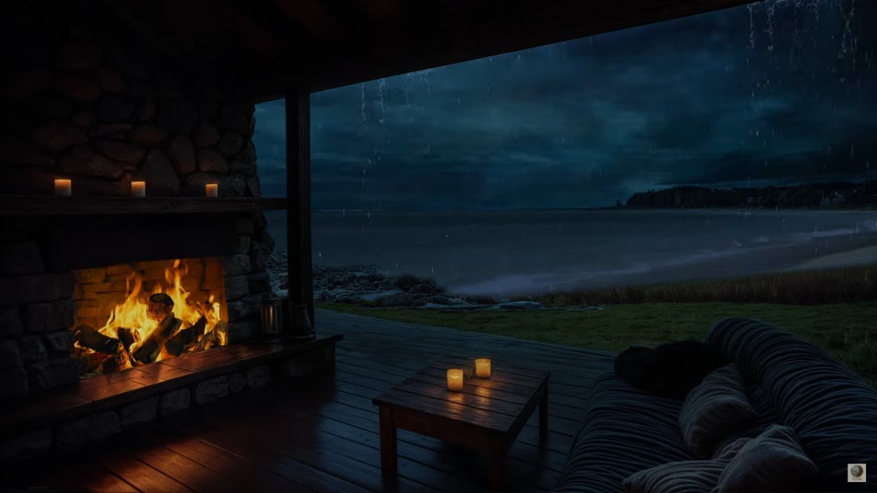 No Ads Crackling Fire🔥 Ocean Rain | Best Rain in the Porch at Night | Sleep Deeply with Rain Sounds