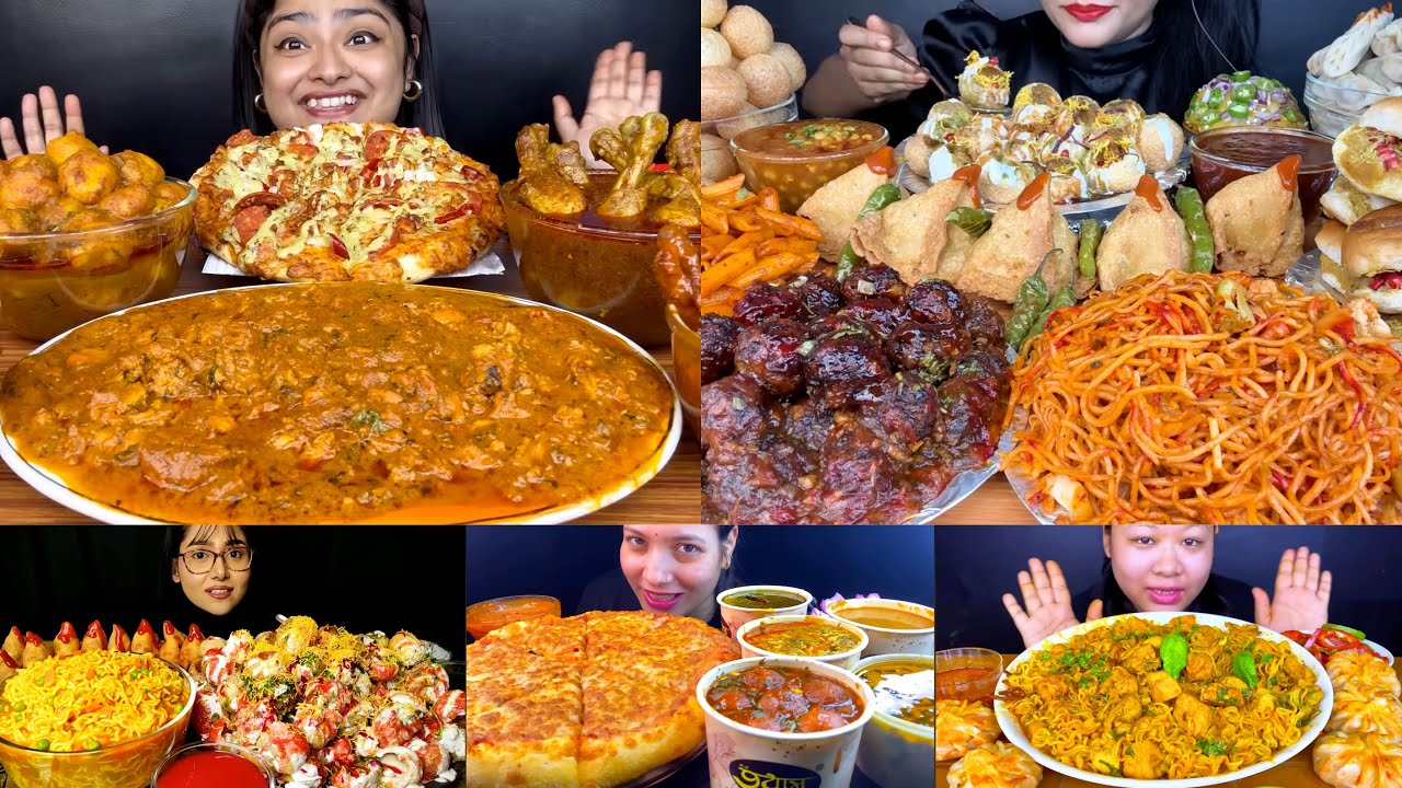 Asmr:Eating Cheese Pizza,Butter Chicken,Noodles,Chicken Momo,Samosa,Maggi,Dahipuri,Panipuri,Burger🔥