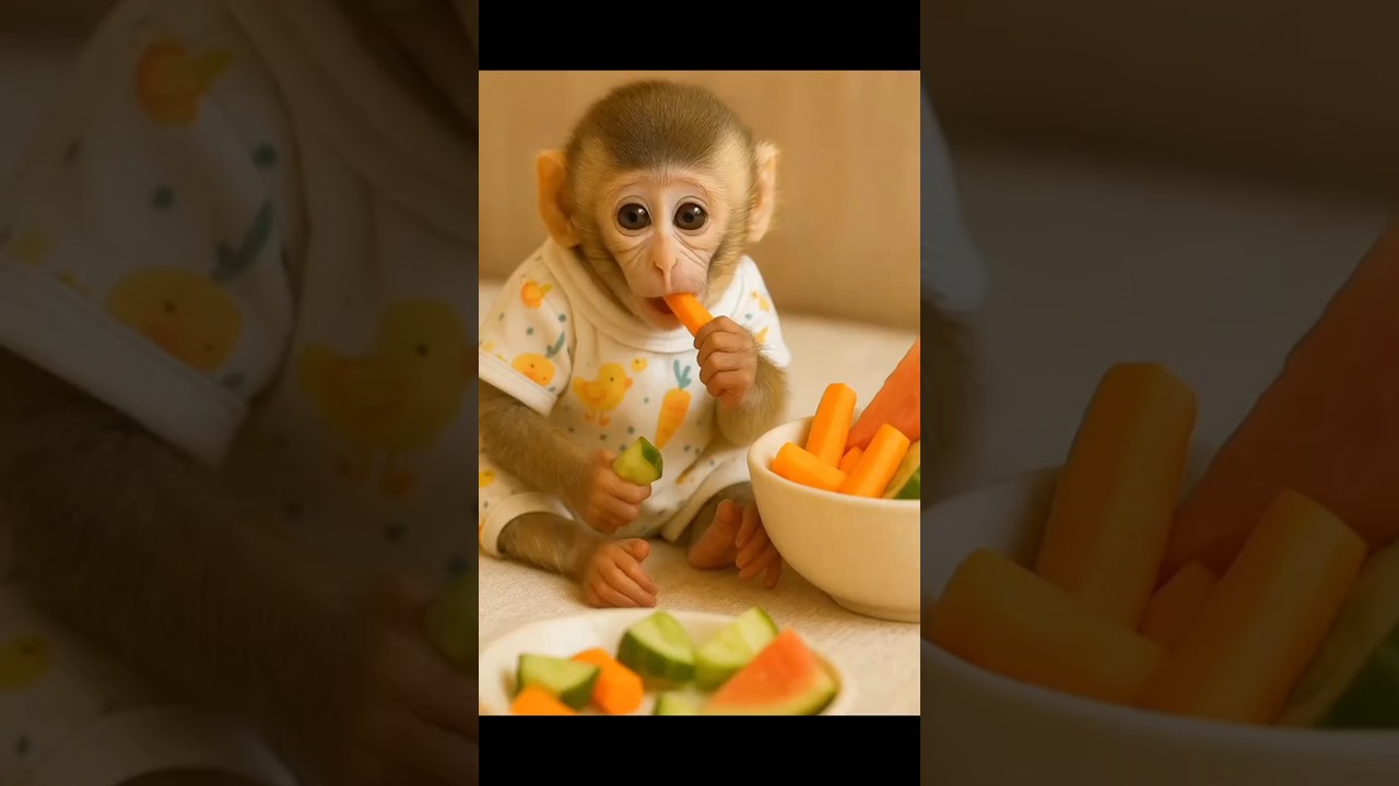 Mini Monkey baby eats carrot and cucumber 