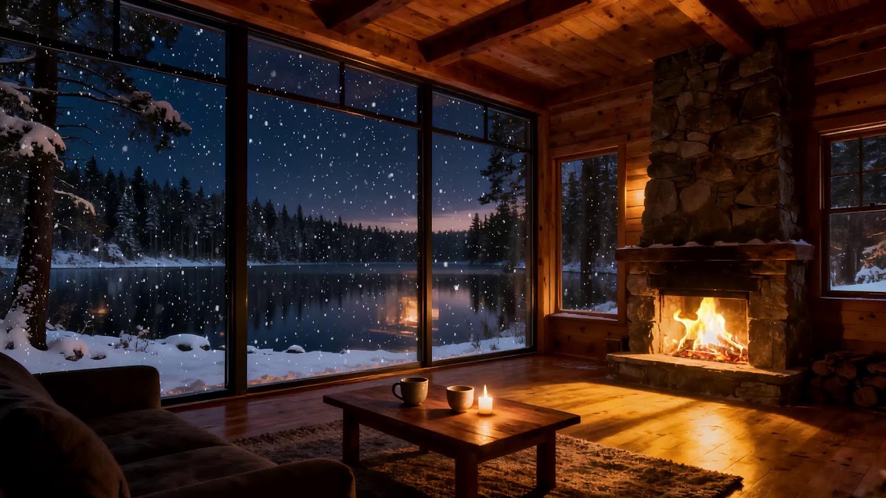 Peaceful Winter Night by the Frozen Lake Cabin 🔥🌙 Soft Snow and Fireplace Ambience