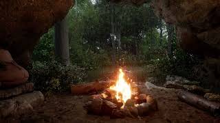 Relax in a Cozy Cave In A Rainy Forest | Crackling Fire & Rain Sounds | Fall Asleep Fast | 8 Hours