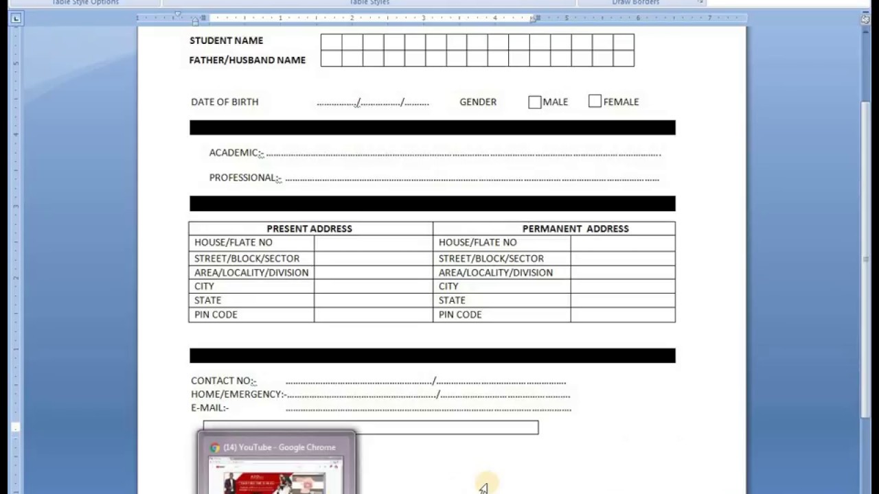Admission Form Make To Advance Format Degine Ms Word 2007 In Hindi