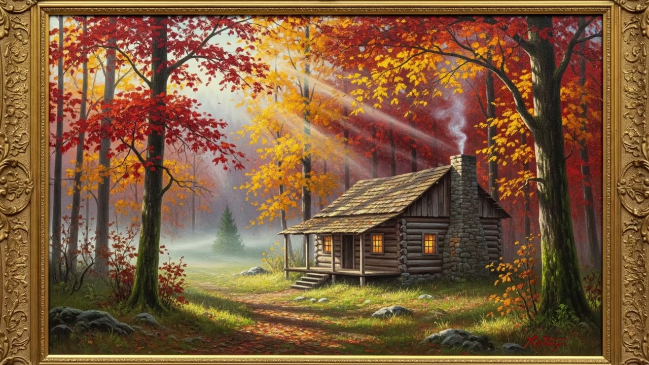 Cozy Autumn Cabin in the Woods | Relaxing Piano Music & Fall Ambience |  TV Background Screensaver