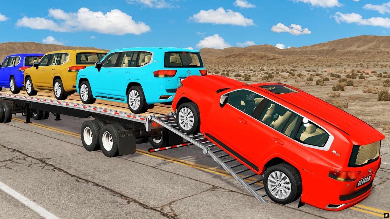 Triple Flatbed Trailer McQueen Transportation with Truck - Speedbumps vs Cars vs Train - BeamNG #15