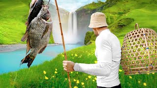 Catch And Cook Crabs With Barehands in the Jungle. Primitive FISH TRAP, CATCH with Hand Spear #8