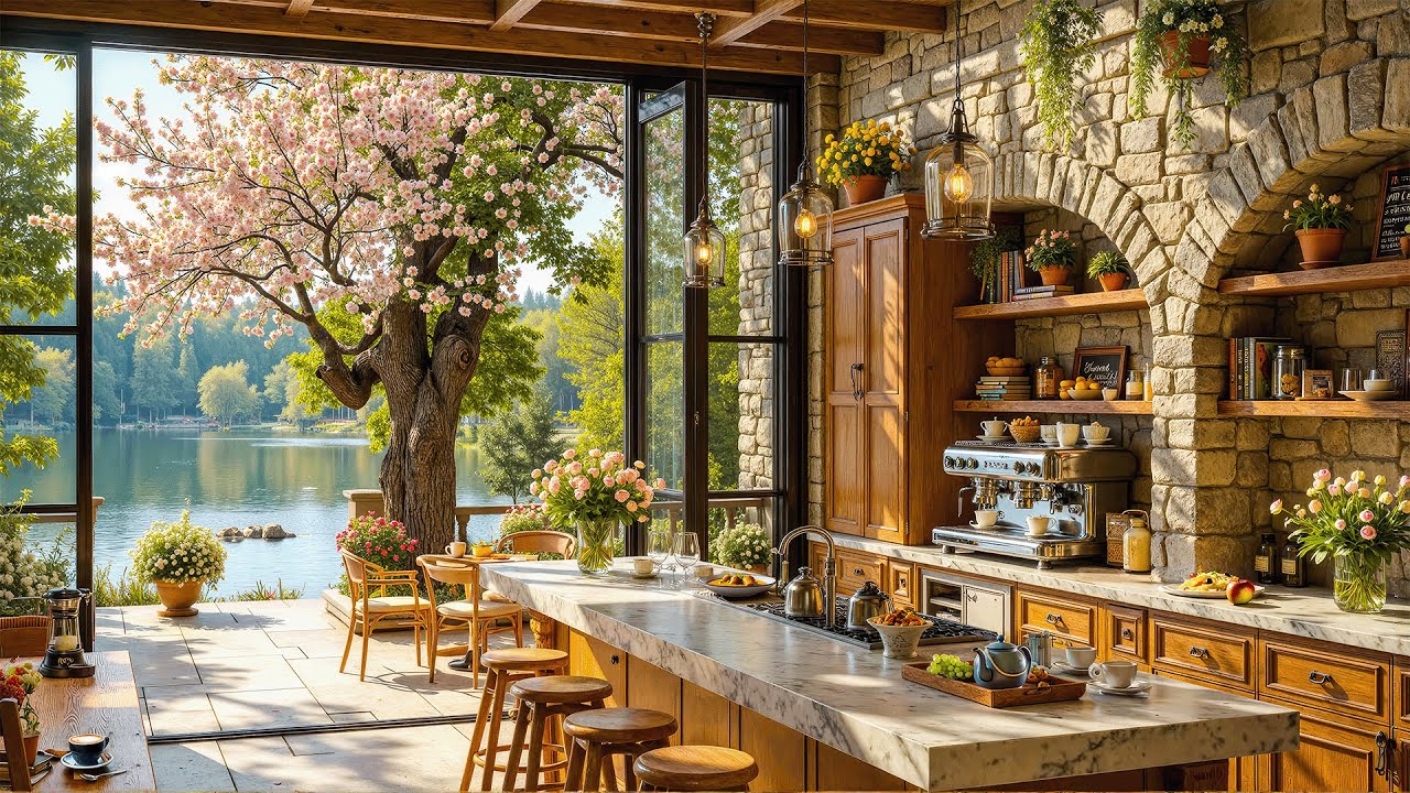 Soft Jazz in a Sunlit Lakeside Kitchen ☕ Elegant Spring Café Ambience for Peace, Focus & Balance