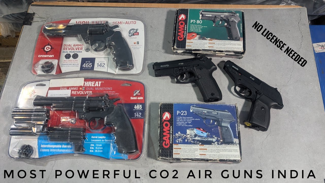 Most powerful CO2 air pistols and air revolvers in India no license needed ft. Gamo and crosman.