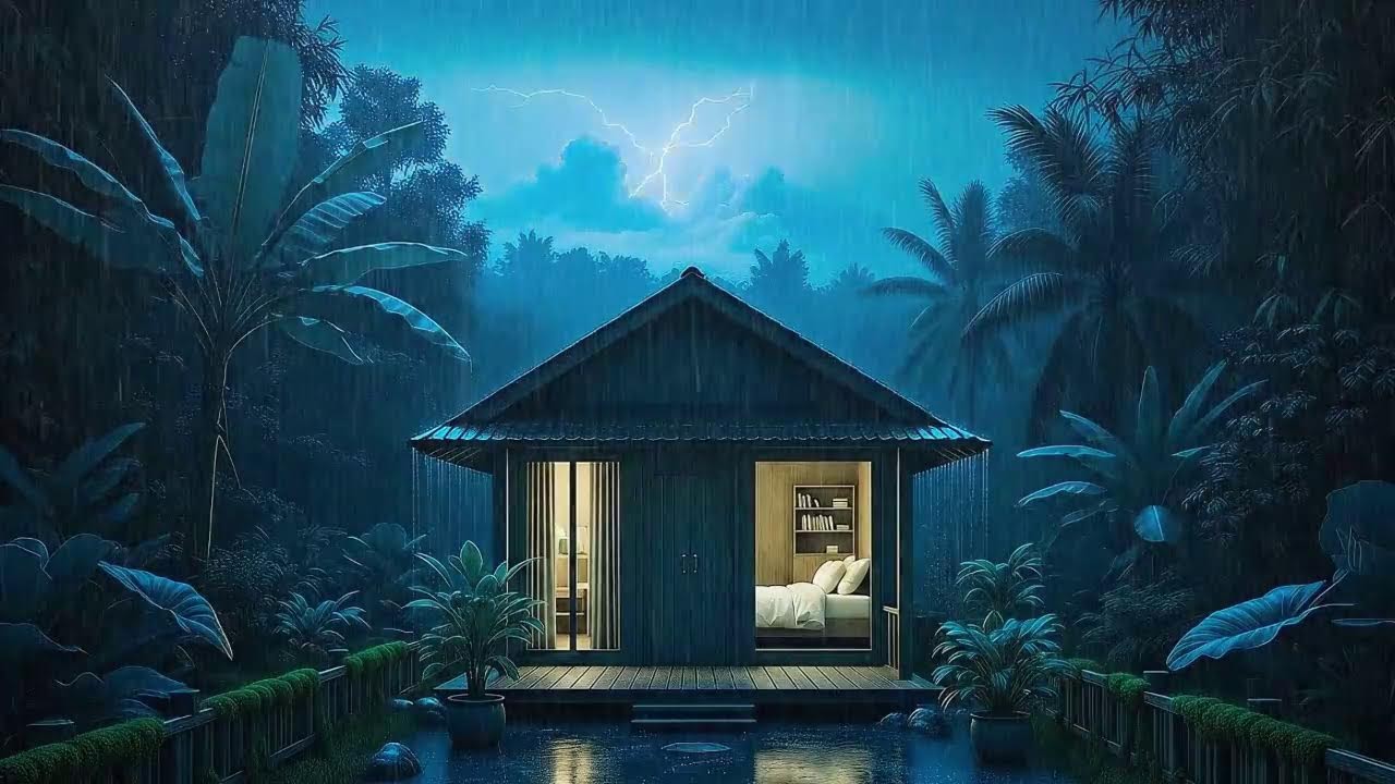 Rain and Soft Canopy Roar Thunder Quiet Thoughts Fast in a Tropical Forest Cabin 🌧️