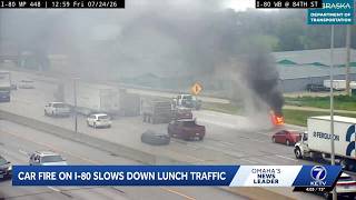 Car fire and crash slows traffic on Interstate 80