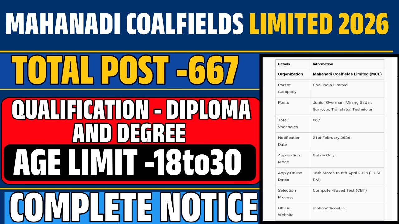 MCL Recruitment 2026 Notification Out for 667 Junior Overman, Surveyor, and Mining Sirdar Posts