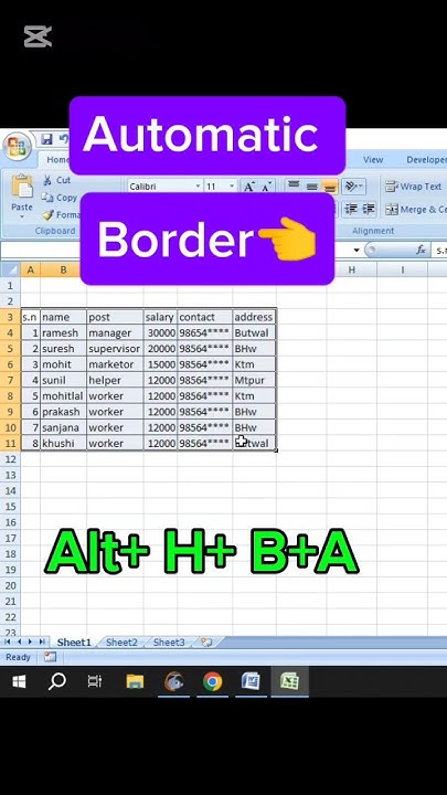 Automatic Border In Excel||Excel Short Video||Excel #excel# ...