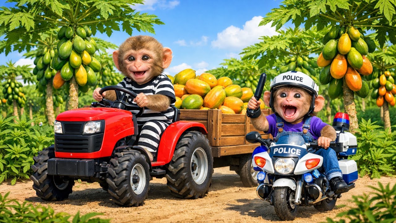 Monkey Farmer Tractor Papaya Harvest vs Sneaky Thief! - Monkey Farm Work | Zuko Monkey Farm
