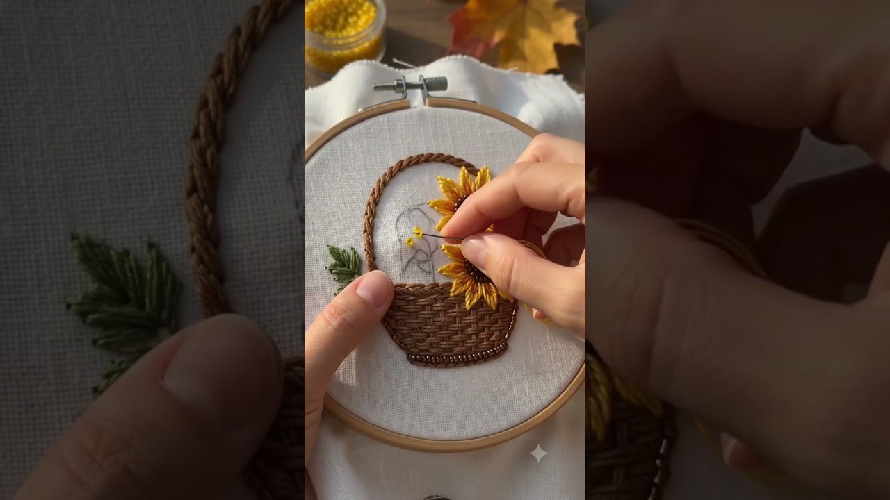 Rustic Harvest Basket of Pumpkins Bead Embroidery 🎃🍂 | Relaxing Hand Stitching ASMR #Shorts