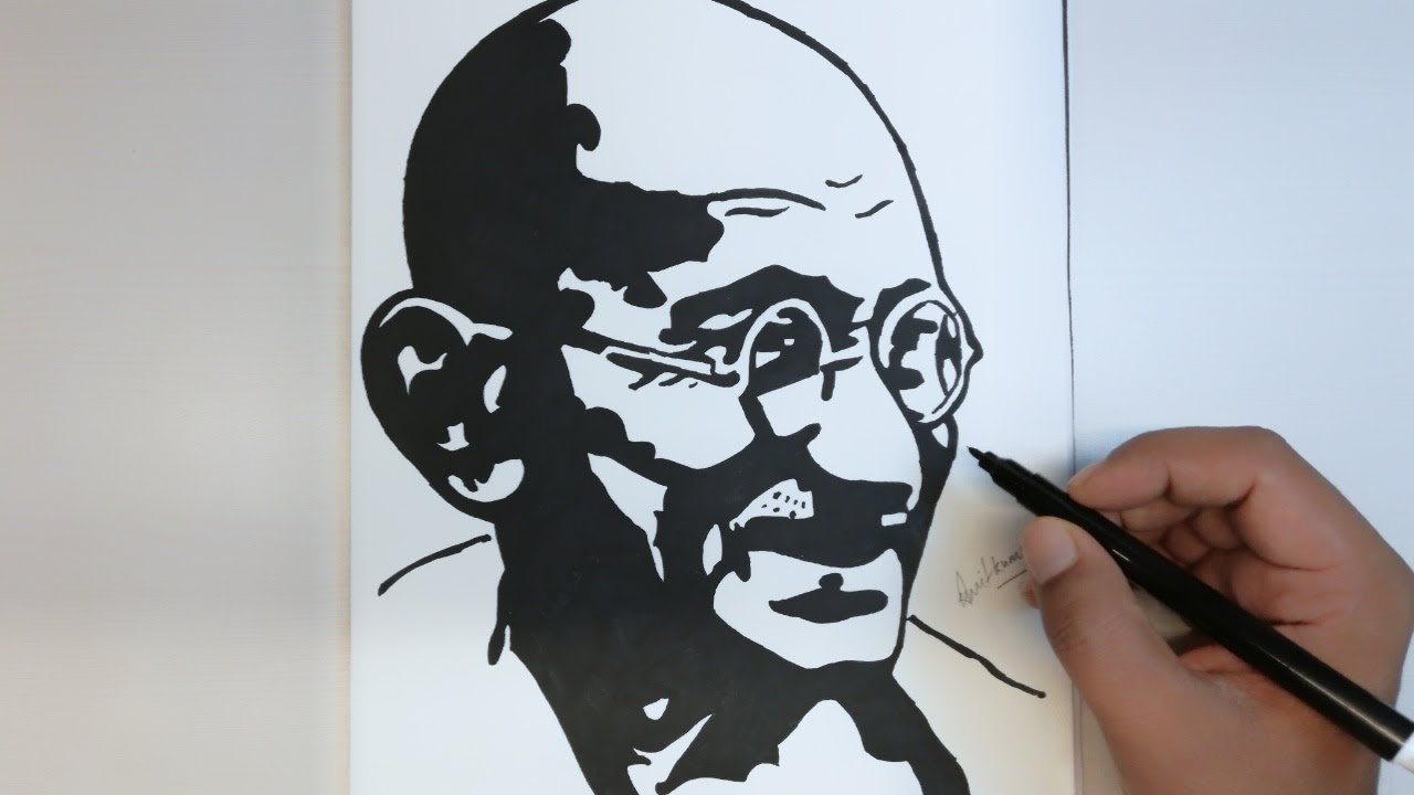 How to draw Mahatma Gandhi Ji with a black sketch pen step by step ...